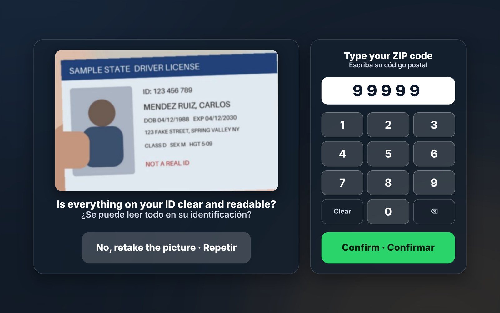 TapIn kiosk ID photo step: a new worker takes a picture of their ID once and confirms their ZIP code (sample ID)